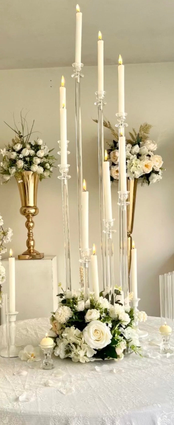 Centre de Table Bougeoir Transparent Luxe – Candélabre 5 Bras (Hauteur Variable) | Mariage, Événement, Décoration Chic