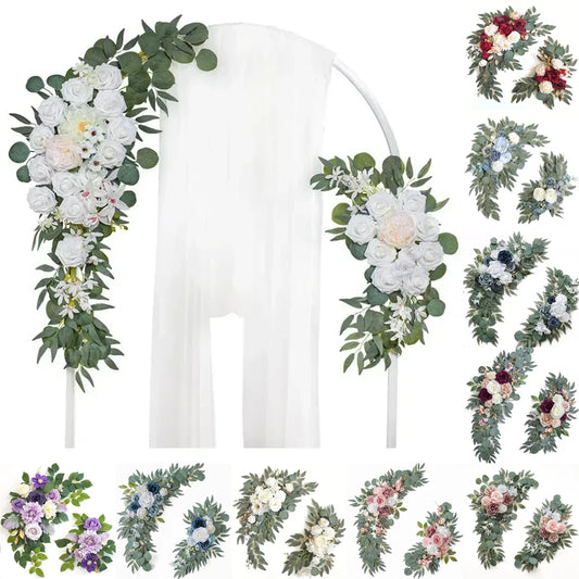 2PCS/set Artificial Wedding Arch Flowers Kit Boho Dusty Rose Blue Eucalyptus Garland Drapes for Wedding Decorations Welcome Sign