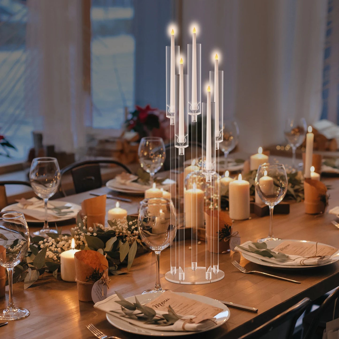 Centre de Table Bougeoir Transparent Luxe – Candélabre 5 Bras (Hauteur Variable) | Mariage, Événement, Décoration Chic