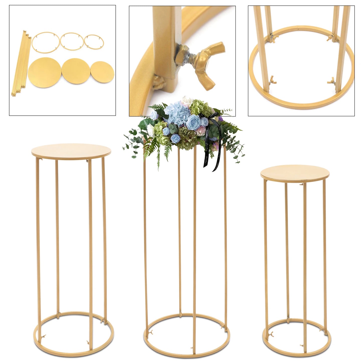 Colonnes Centre de Table Dorées – Lot de 3 Supports Métal Élégants pour Mariage & Événement