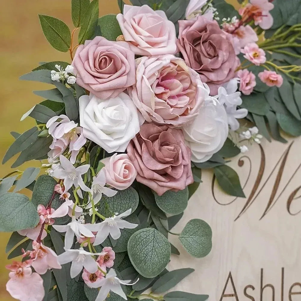 2PCS/set Artificial Wedding Arch Flowers Kit Boho Dusty Rose Blue Eucalyptus Garland Drapes for Wedding Decorations Welcome Sign