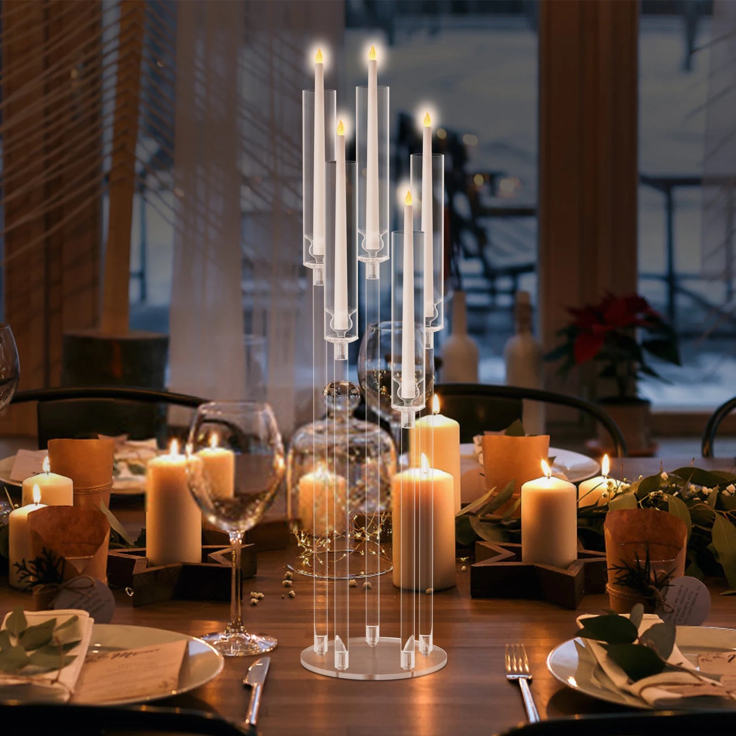 Centre de Table Bougeoir Transparent Luxe – Candélabre 5 Bras (Hauteur Variable) | Mariage, Événement, Décoration Chic