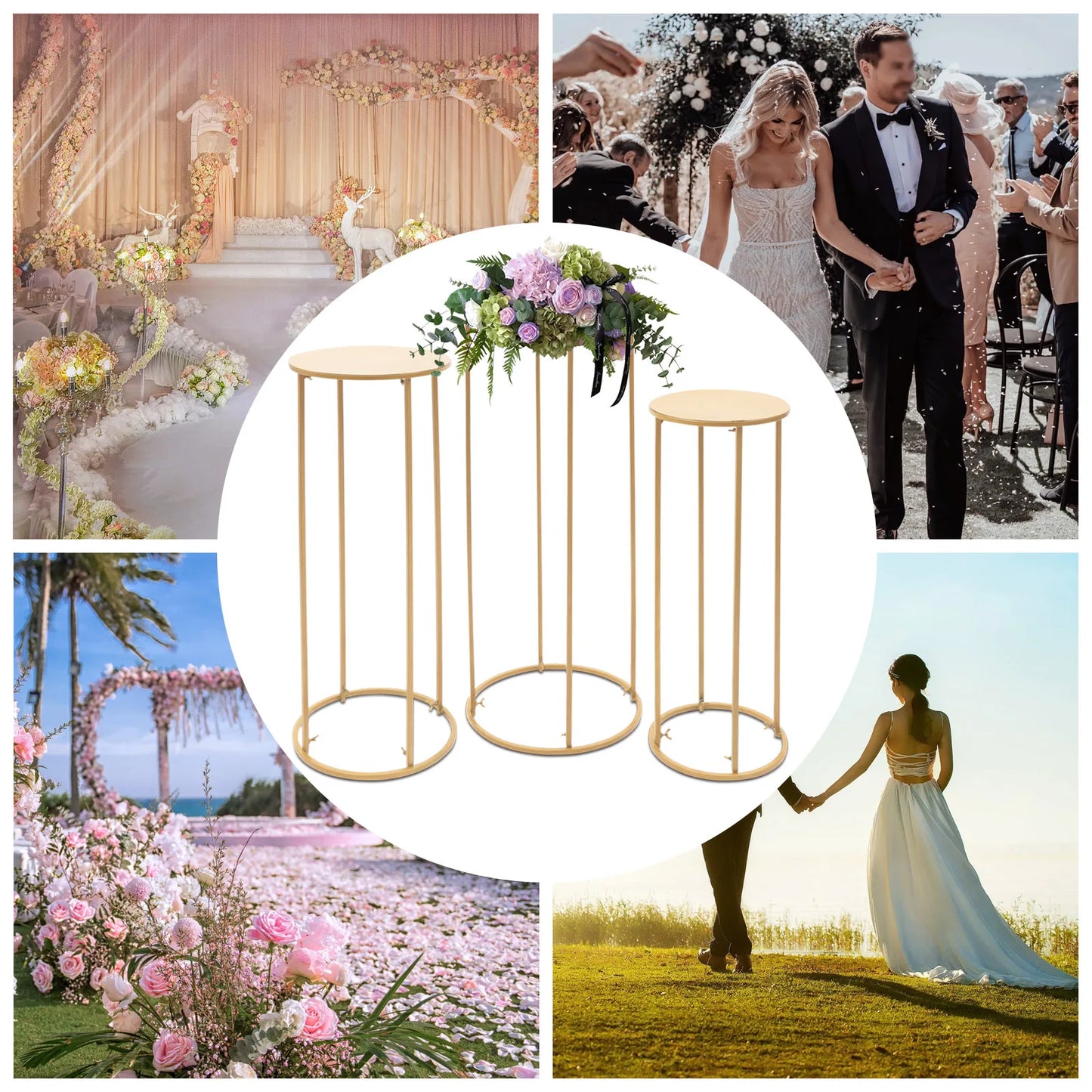 Colonnes Centre de Table Dorées – Lot de 3 Supports Métal Élégants pour Mariage & Événement