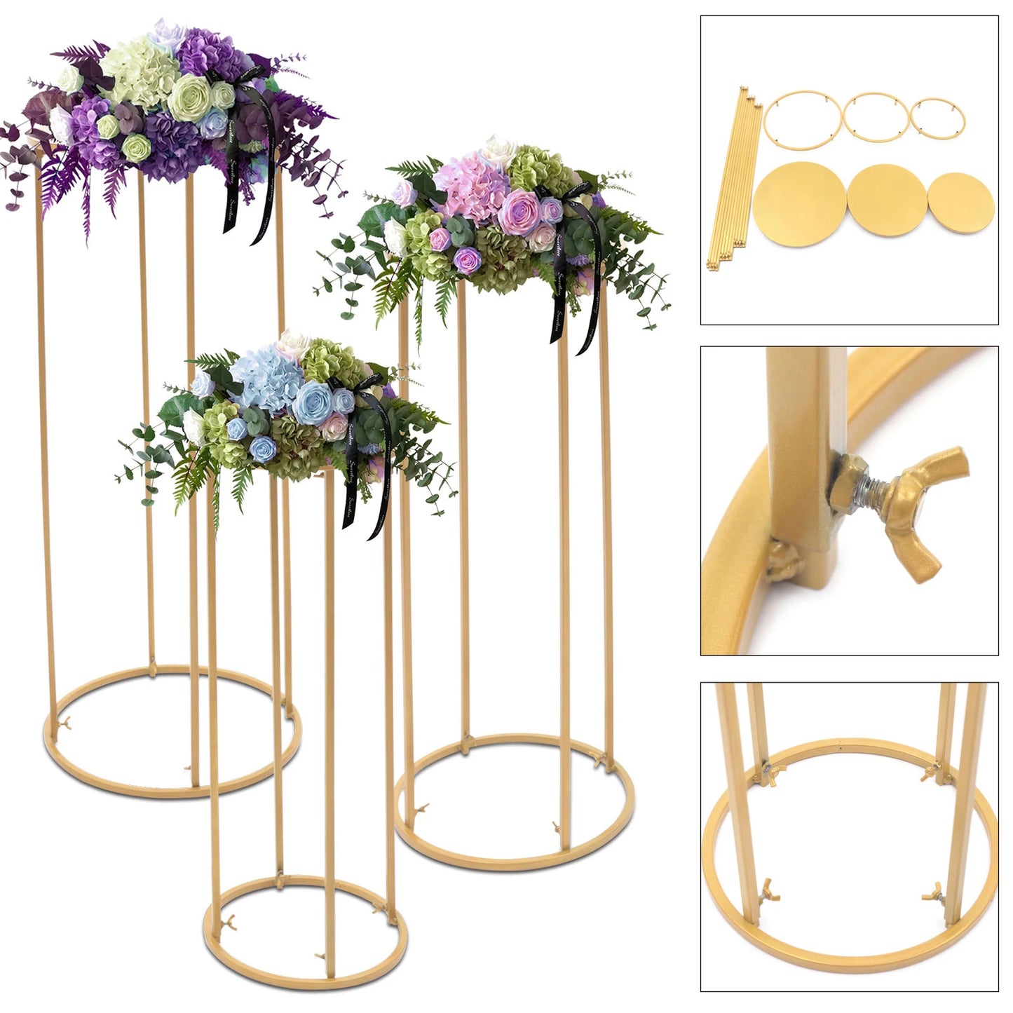 Colonnes Centre de Table Dorées – Lot de 3 Supports Métal Élégants pour Mariage & Événement