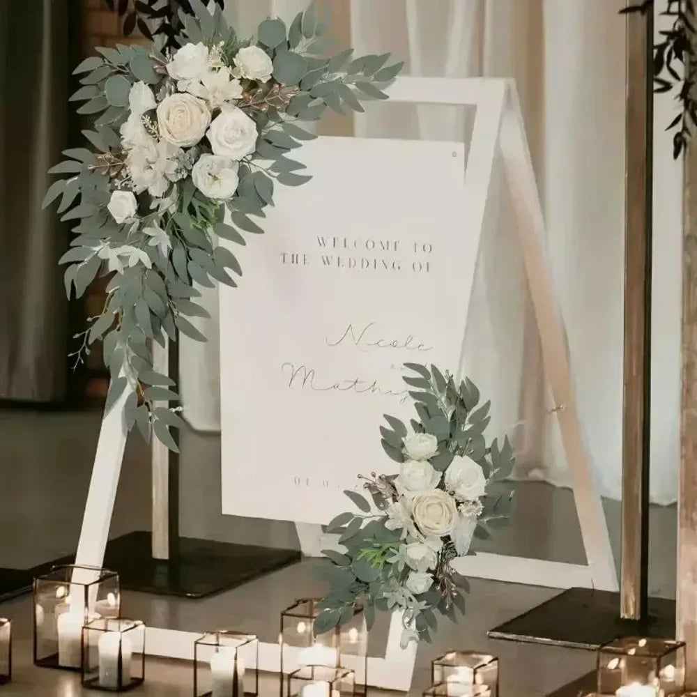 2PCS/set Artificial Wedding Arch Flowers Kit Boho Dusty Rose Blue Eucalyptus Garland Drapes for Wedding Decorations Welcome Sign