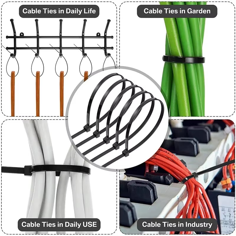 1000/100Pcs Nylon Cable Ties Self-Locking Cord Ties Straps Adjustable Cables Fastening Loop Home Office Wire Zip Ties Wholesale